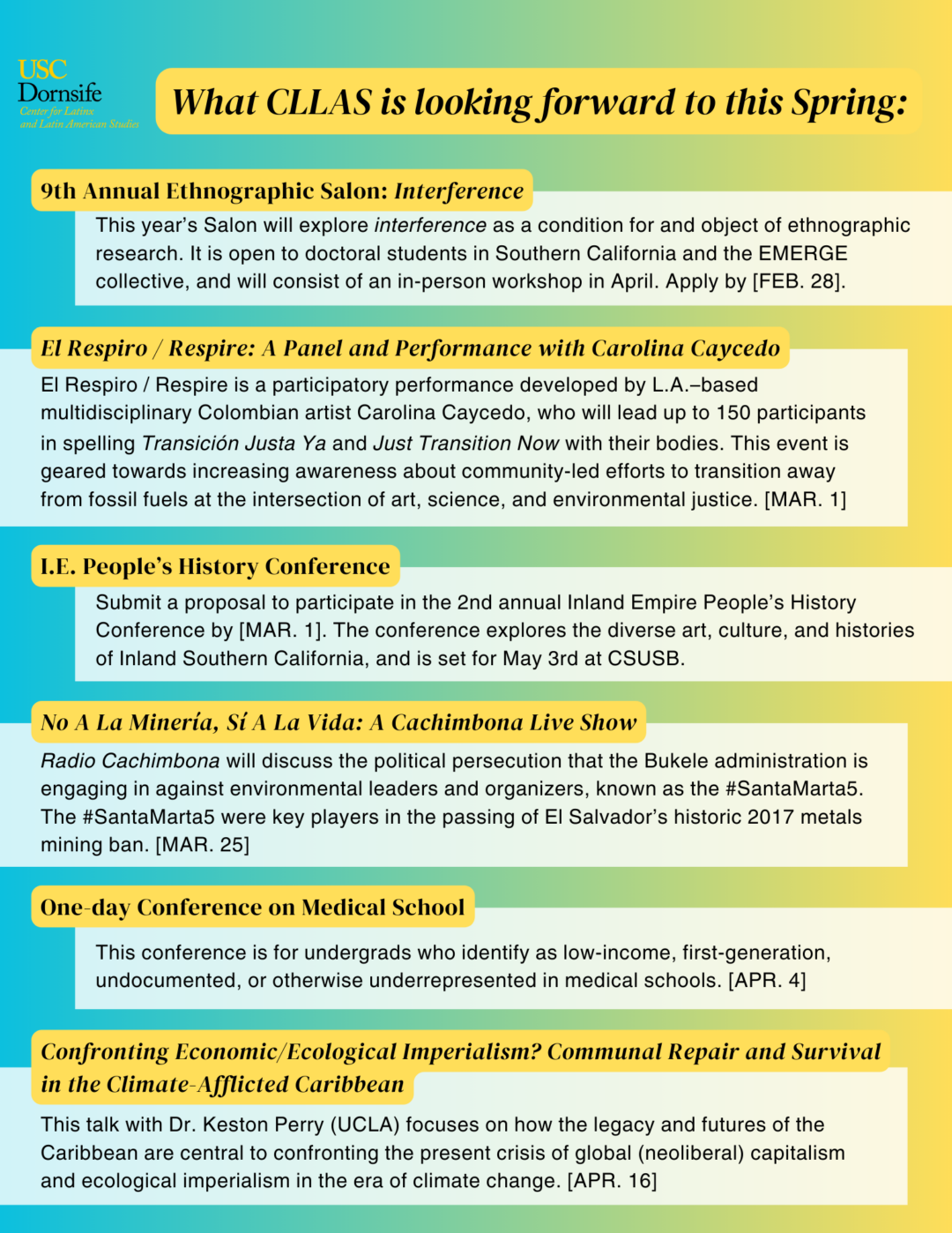 Flyer with blue, green, and yellow gradient background and a list of events for the spring semester with their titles and short descriptions.