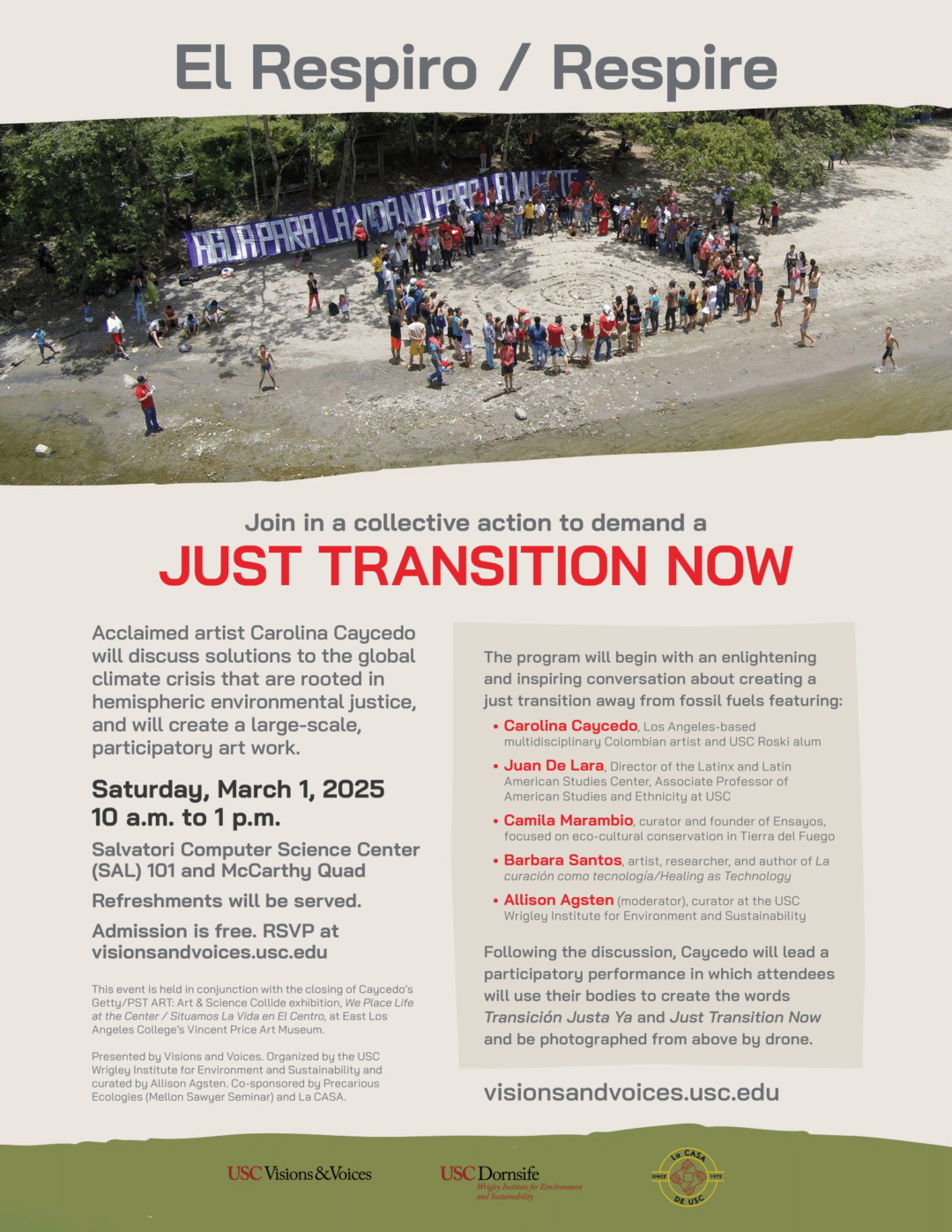 Flyer with beige background and title at top that reads El Respiro slash Respire. An image shows people assembled in a similar way to what this event will ask people to do as part of a participatory performace to encourage a just transition away from fossil fuels. Large red letters read Just Transition Now and event details are included below the statement.