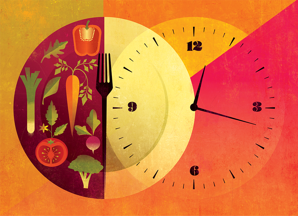 Illustration that merges a plate filled with various vegetables on the left with a clock face.