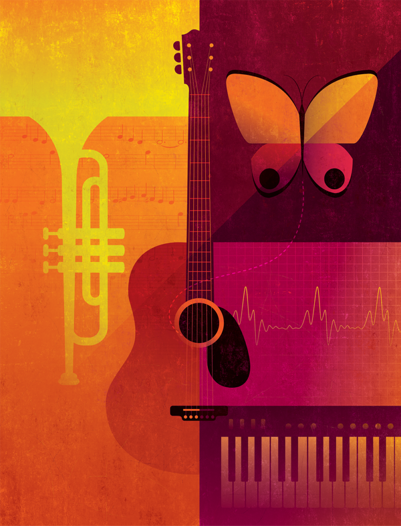A illustration portrays a fusion of musical elements including a guitar, trumpet, piano, and musical notes, intertwined with a stylized butterfly, all set against a warm, gradient background.