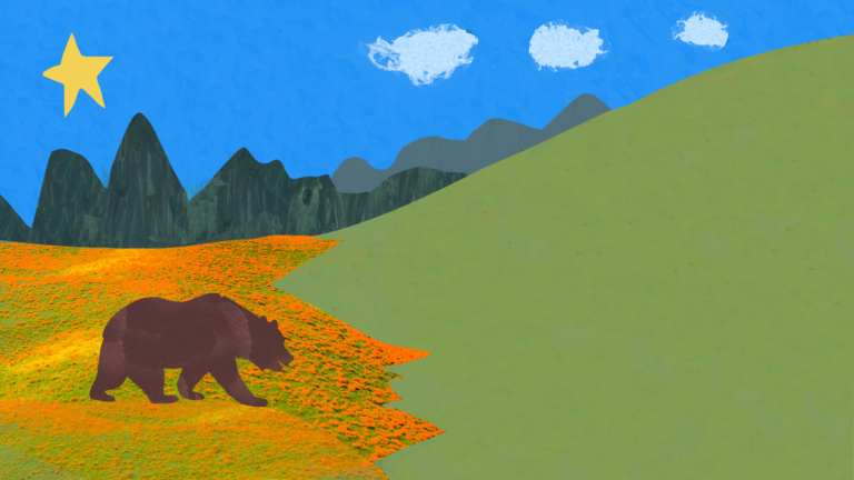 Illustration of a bear walking through a vibrant field of orange wildflowers, with green hills, jagged mountains, and a blue sky featuring fluffy clouds and a yellow star.
