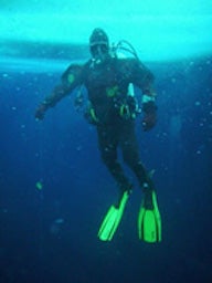 Diver underwater in scuba gear in polar waters
