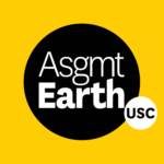 On a gold background, "Asgmt Earth" appears inside a black circle and "USC" inside a small, white circle that slightly overlaps the black circle.