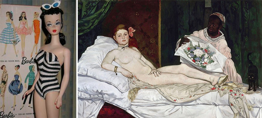 Composite image shows a 1950s Barbie doll in a striped bathing suit next to Edouard Manet's painting "Olympia"