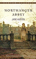 Cover art for "Northanger Abbey" depicts a standing on concrete steps with fallen leaves scattered about and an 18th- or 19th-century city scape behind her