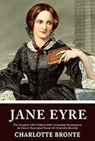 Cover art for "Jane Eyre" depicts a woman smiling like Mona Lisa and holding a small book in an awkward wrist position wearing an 18th- or 19th-century black dress and white lace