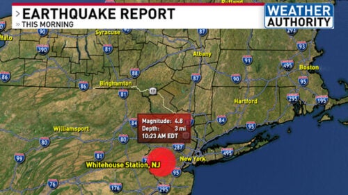 A news graphic showing earthquake centered at Whitehouse Station, NJ.