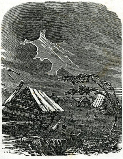 An illustration of damaged houses