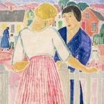 A painting shows two women engaged in conversation by a white fence. One woman faces forward, wearing a blue outfit, while the other, in a pink-striped skirt, has her back to the viewer. In the background, colorful houses and other figures are visible.