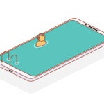 An illustration shows a person swimming in a pool shaped like a smartphone. The phone's screen serves as the pool's water.