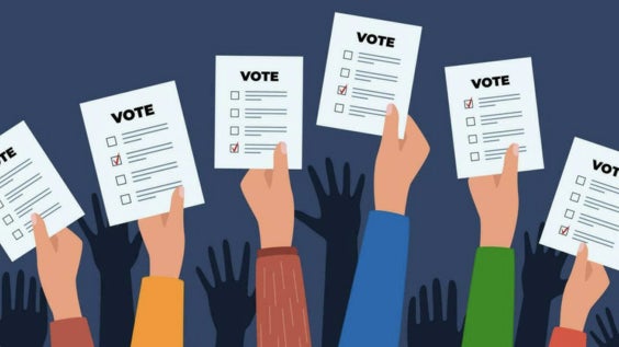 Illustration of hands holding up voting ballots