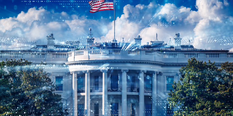 Digital overlay on the White House, featuring binary code and technological elements.