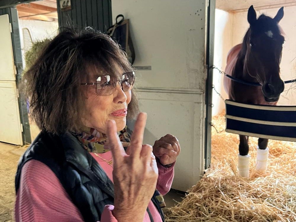 Woman in a stable making a peace sign with a horse in the background