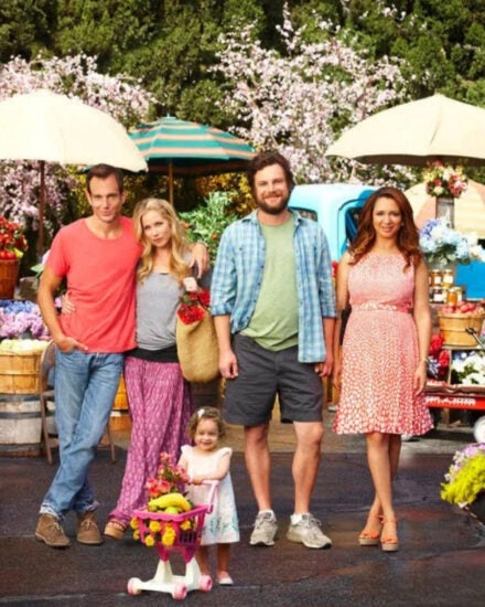 Promotional photo for Up All Night shows Will Arnett, Christina Applegate, Luka Jones, Maya Rudolph and a child actor