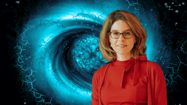 Photo of Vera Gluscevic and illustration of cosmos