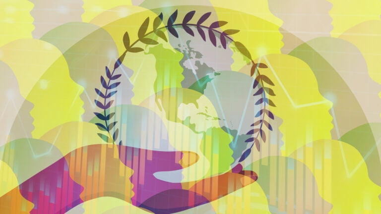 Composite illustration of hand holding a wreath-encircled Earth with rows of silhouettes in the background