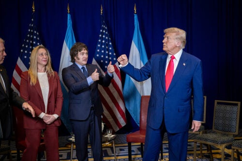 Photo of Javier Milei and President Donald Trump talking in front of flags. 