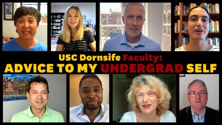 Composite collage of various USC Dornsife faculty members with the text advice to my undergrad self