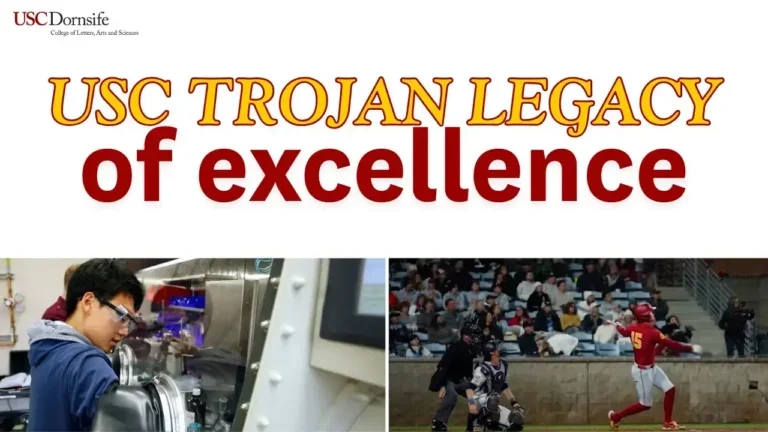 composite of lab and baseball field with text USC Trojan Legacy of Excellence