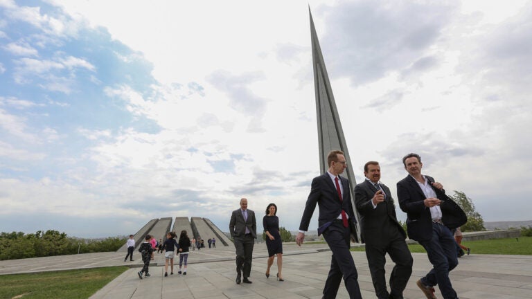 A USC delegation at the Tsitsernakaberd Armenian Genocide Memorial in Yerevan, Armenia