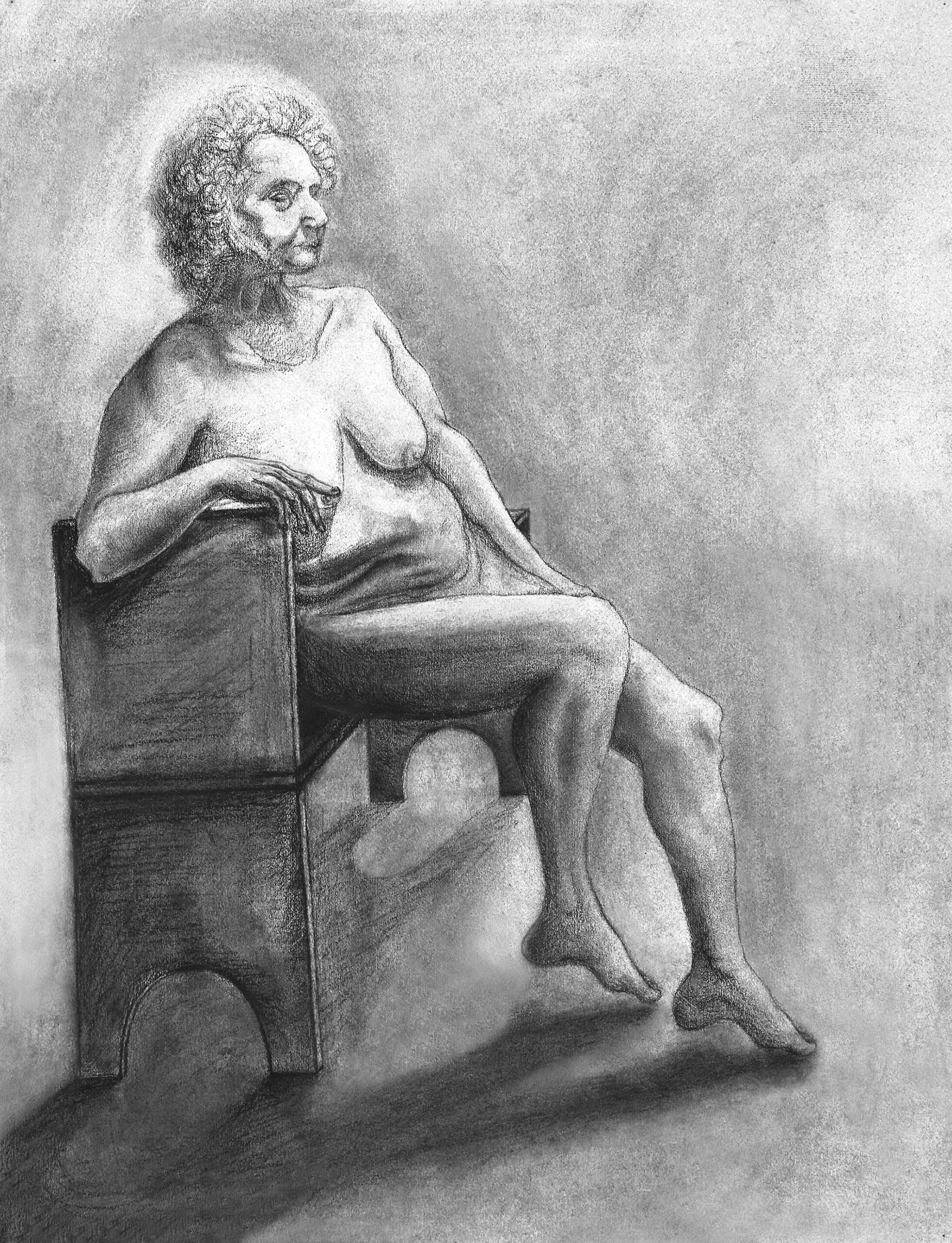 Sketch of an older, naked woman sitting in a chair.
