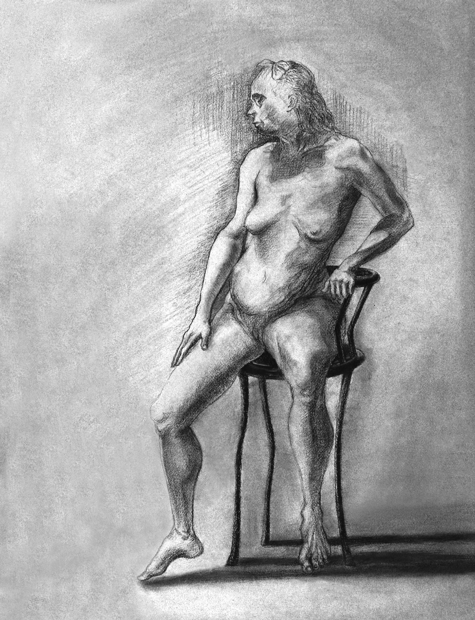 Sketch of a naked woman sitting in a chair.