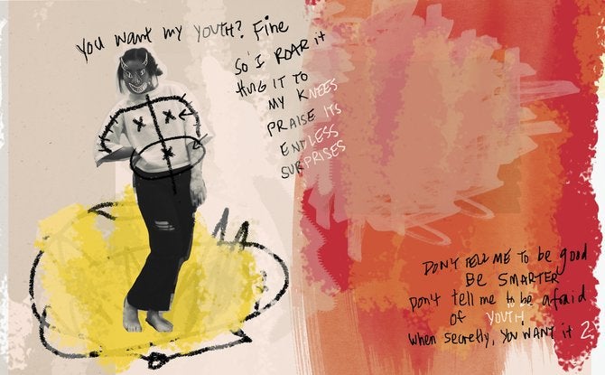 Collage of a girl with devil horns against an illustrated background. The text reads: "You want my youth? Fine. So I roar it hug it to my knees Praise its endless surprises. Don't tell me to be good | Be smarter | Don't tell me to be afraid of youth | when secretly, you want it 2."
