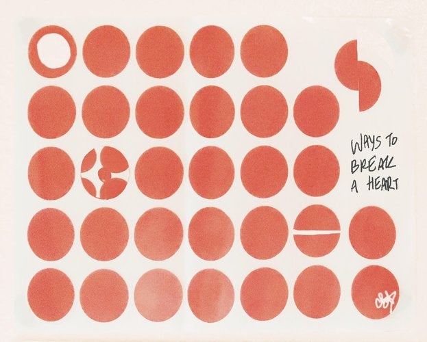 Orange circles in organized rows against a beige background. Text reads "WAYS TO BREAK A HEART"