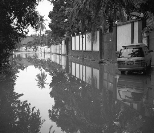 A flooded street with a car parked. A palm tree is seen in the water's reflection.
