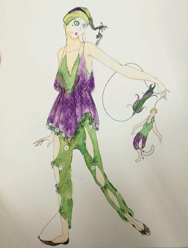 Watercolor illustration of woman wearing purple top and green pants, a hat with tassels, and clown makeup. She holds a doll that resembles her outfit.