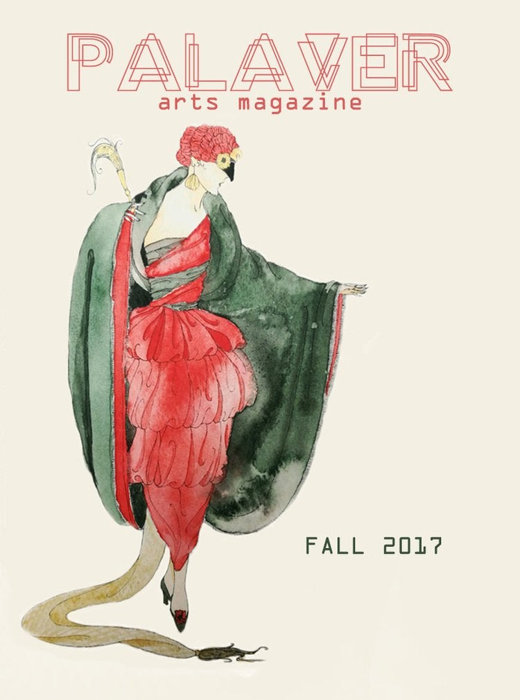 Palaver Arts Magazine, Fall 2017 Cover. Watercolor illustration of a woman wearing a dress and mask resembling a peacock, over a beige background