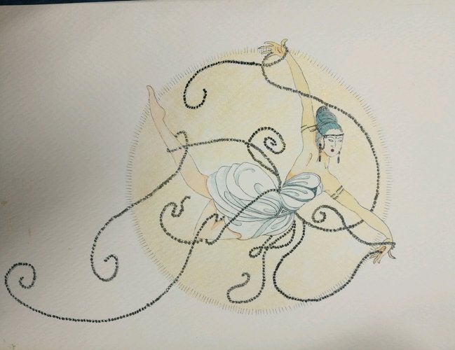 Watercolor illustration of woman wearing white dress and headdress inspired by Chinese flying apsaras. She is flying.