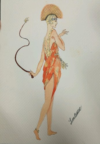 Watercolor illustration of woman wearing orange dress and lion-inspired headdress decorated with fur and chains. She holds a whip.