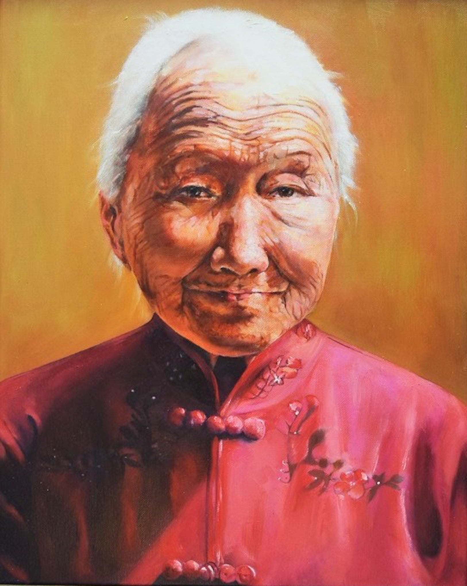 Oil painting of an elderly woman in traditional Chinese clothing.