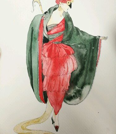 Watercolor illustration of woman wearing a red-off shoulder dress, fur coat, and mask resembling a peacock.