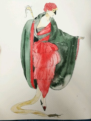 Watercolor illustration of woman wearing a red-off shoulder dress, fur coat, and mask resembling a peacock.