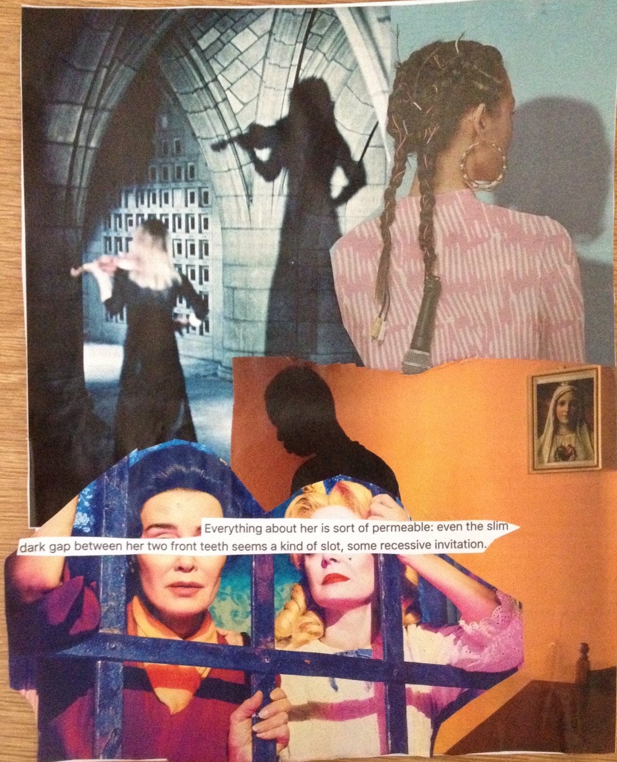 Collage on a piece of printer paper, using images from The New Yorker magazine and LA Weekly magazine. The quote on the image is from "Little Expressionless Animals."