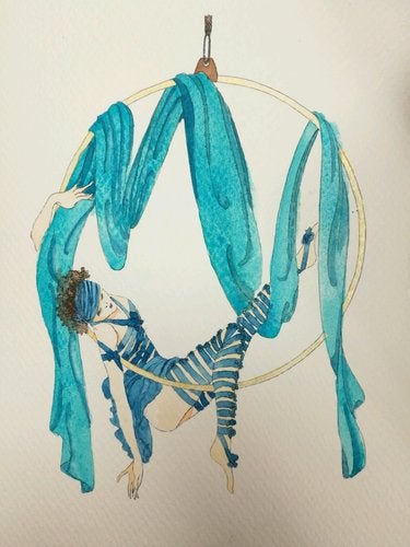 Watercolor illustration of woman wearing clothing made of blue ribbon. She hangs on the trapeze.