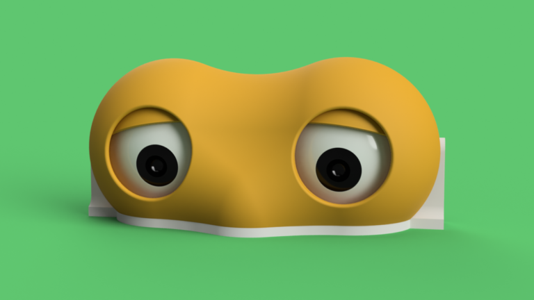 3D model of eyes wearing a yellow mask against a green background.