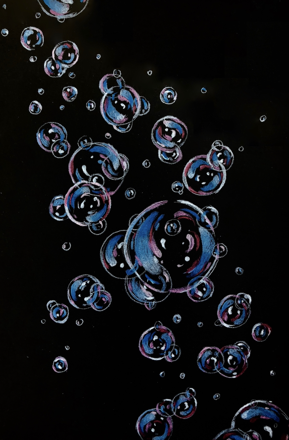Drawing of bubbles against a black background.