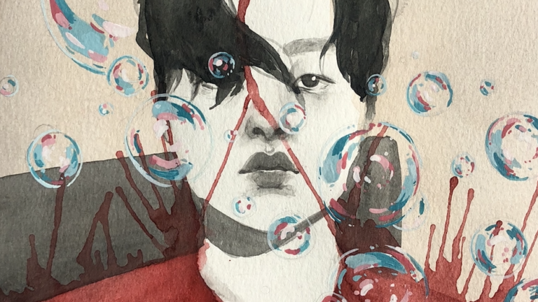 Illustration of person with dark hair and red shirt sitting amongst the bubbles.