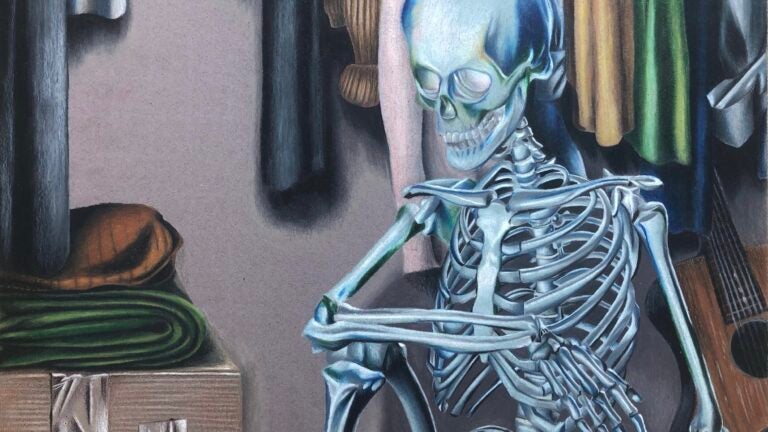 Illustration of a skeleton sitting next to a guitar in a closet
