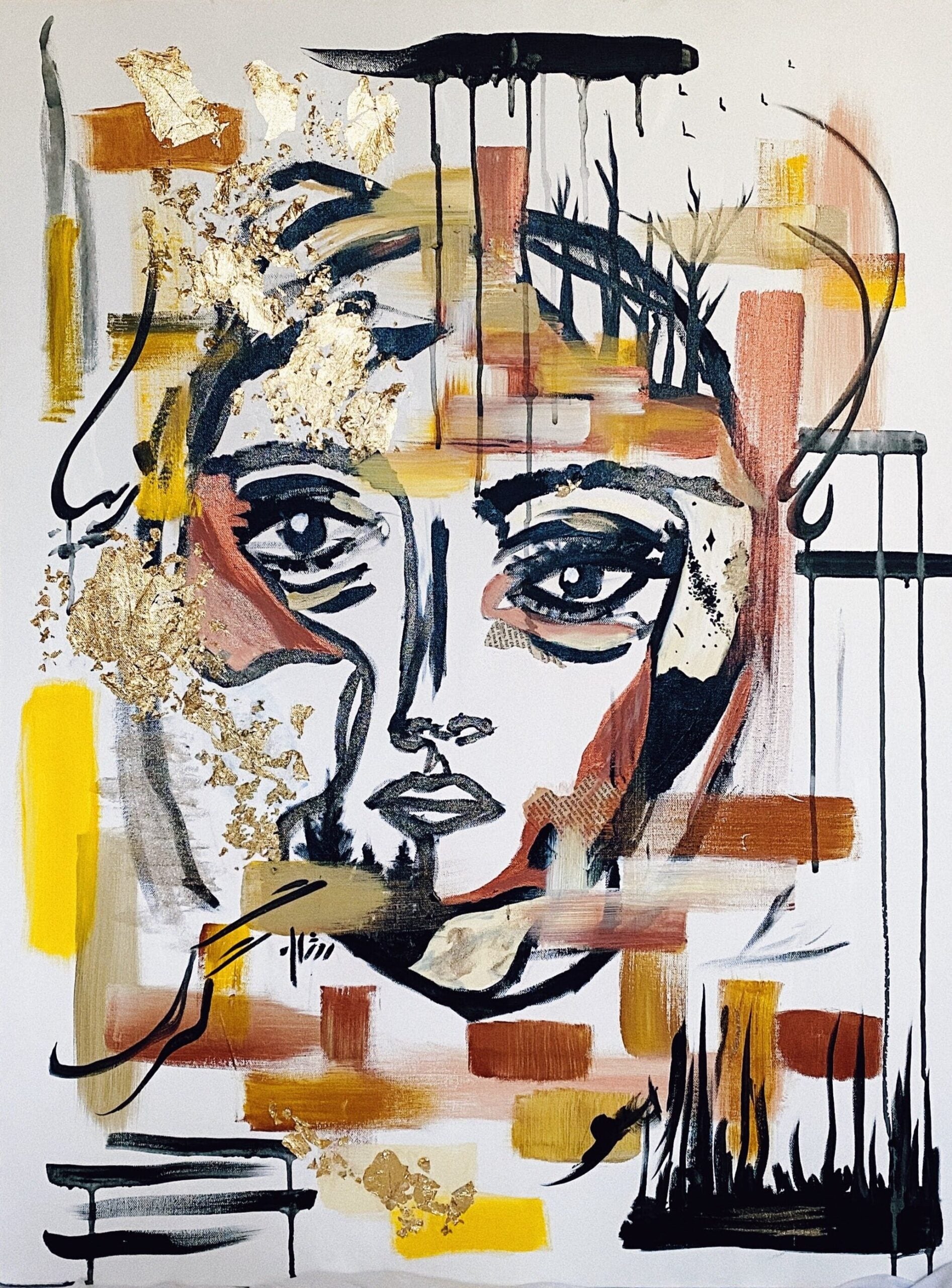 Abstract illustration of a woman's face among other decorative elements.