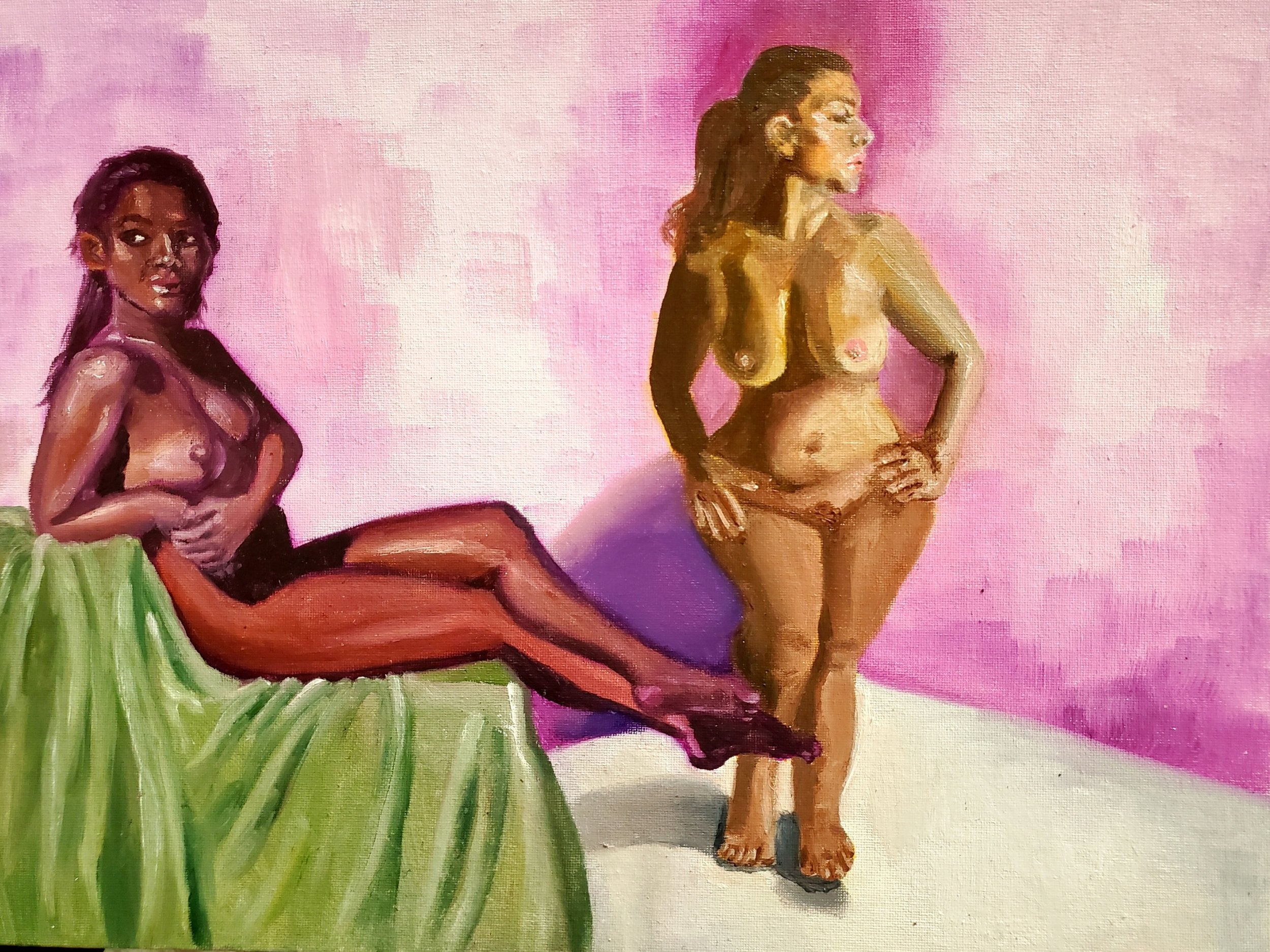 Painting of two naked women. One sits on a chair draped in green fabric, while the other stands, hands on her hips, looking to the right