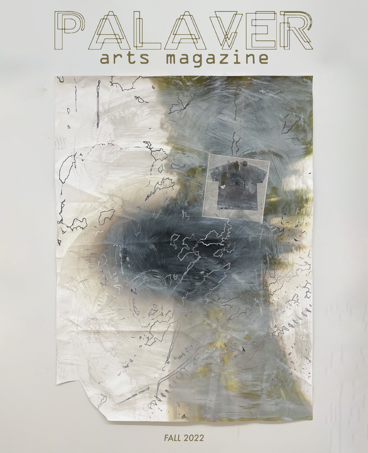 Palaver Arts Magazine Fall 2022 cover. Distressed paper with small cutout of a polo shirt pasted on top