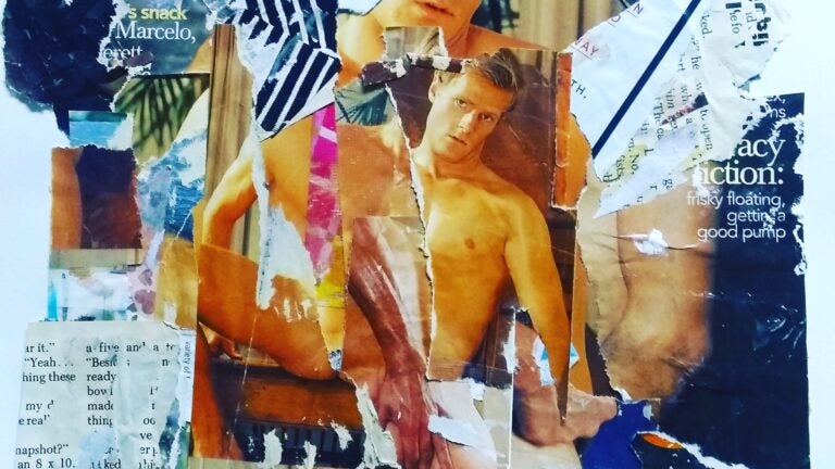 Collage of a naked man with various magazine clippings mixed in