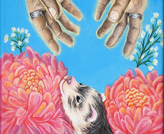 Painting of a ferret, flowers, and hands from above reaching out to him, against a blue background