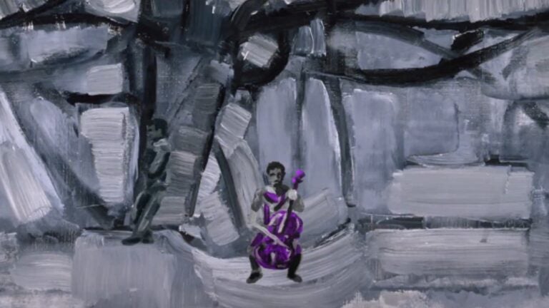 Painting of a man playing a purple cello under a bare winter tree