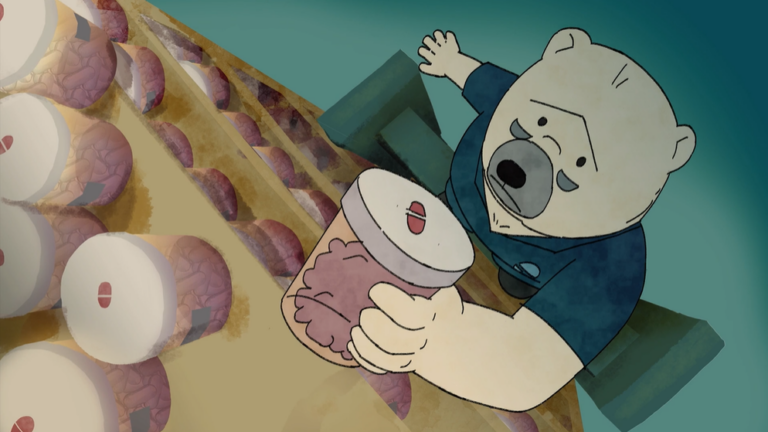 Illustration of a worn-out polar bear grabbing a jar of capsules from a high shelf.