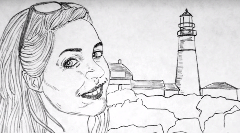 Black and white outline drawing of a woman smiling. In the backdrop is a lighthouse